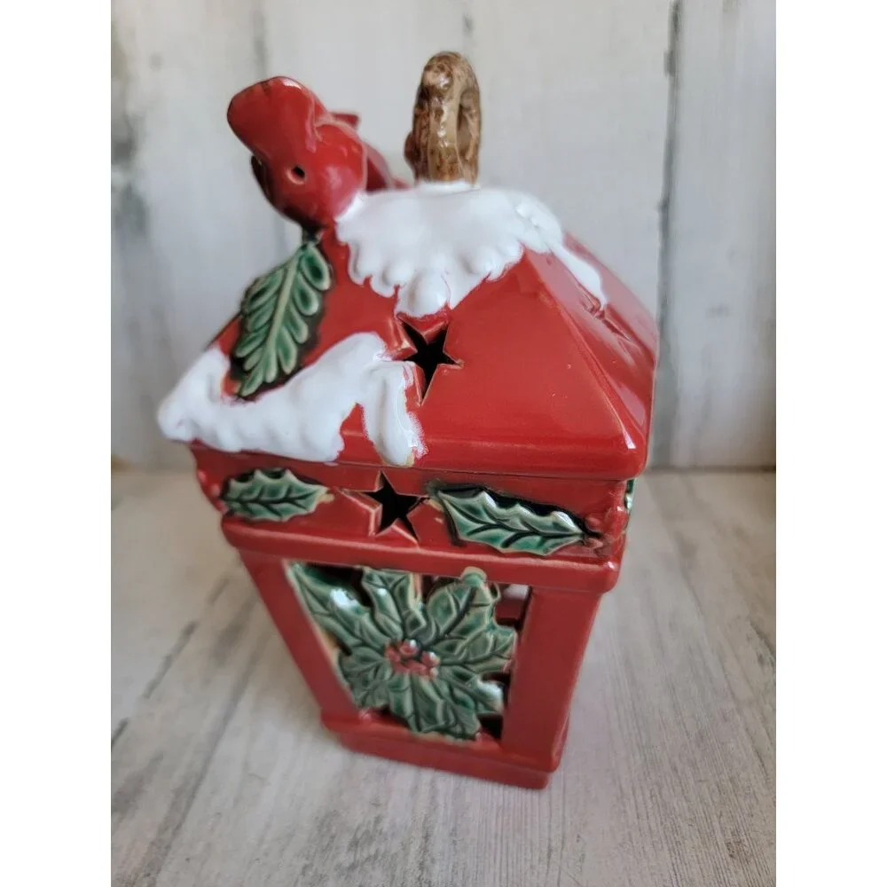 Birdhouse Ceramic red‎ cardinal tealight candle holder Xmas